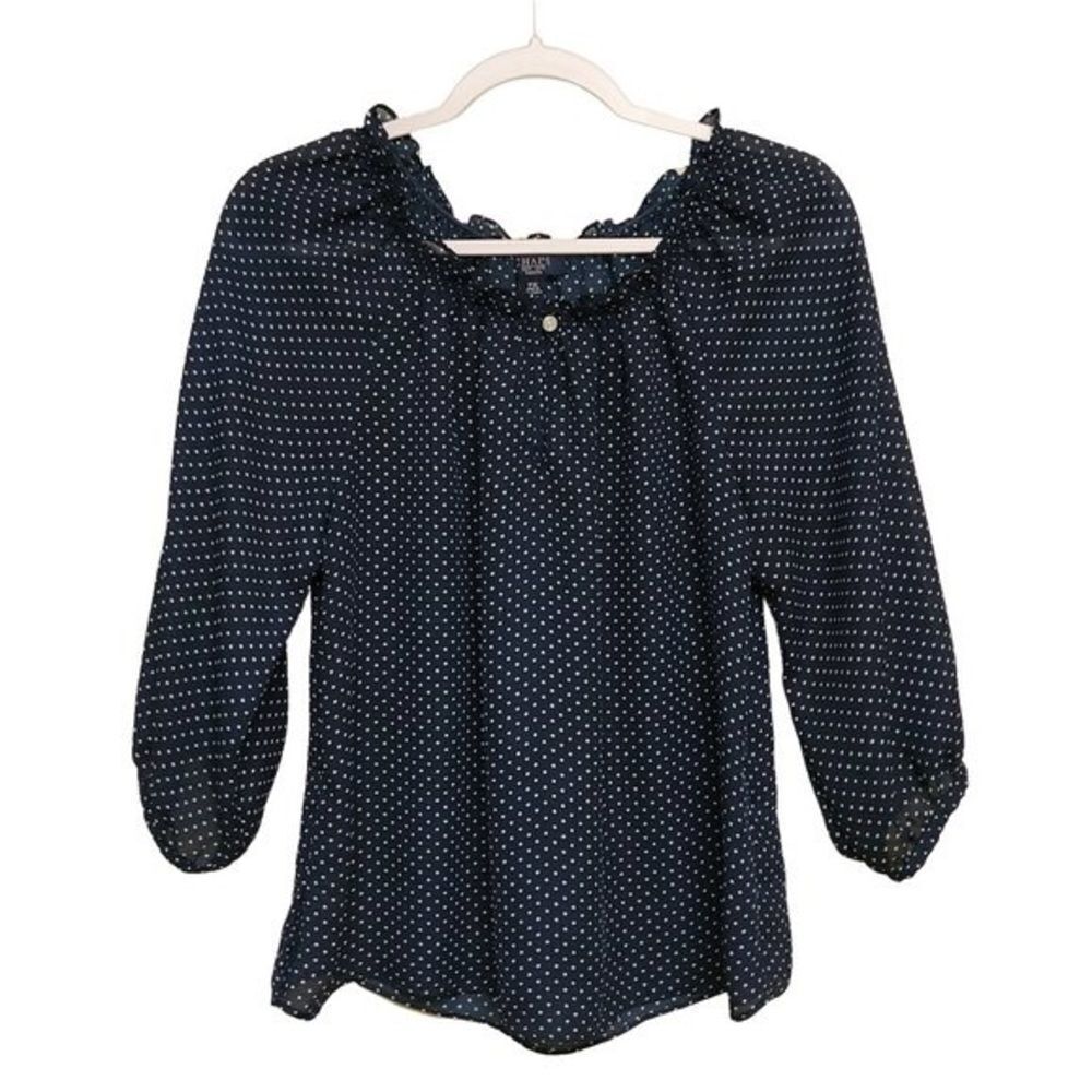 Chaps chiffon Off Shoulder Polka Dot Key‎ Hole Blouse Top Navy 2X